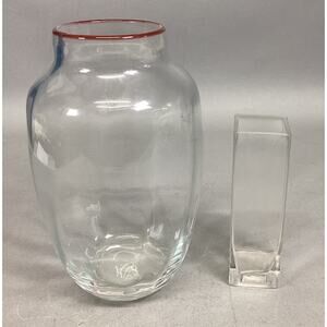 Lot Of 2 Glass Vases - 1 Large With Red Rim & 1 Bud Vase